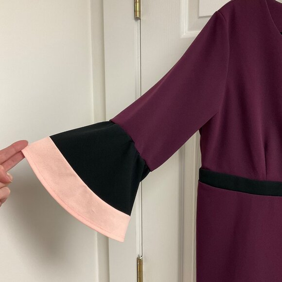NY Collection Burgundy Colorblock Bell Sleeve Stretch Womens Large Sheath Dress - Picture 3 of 11